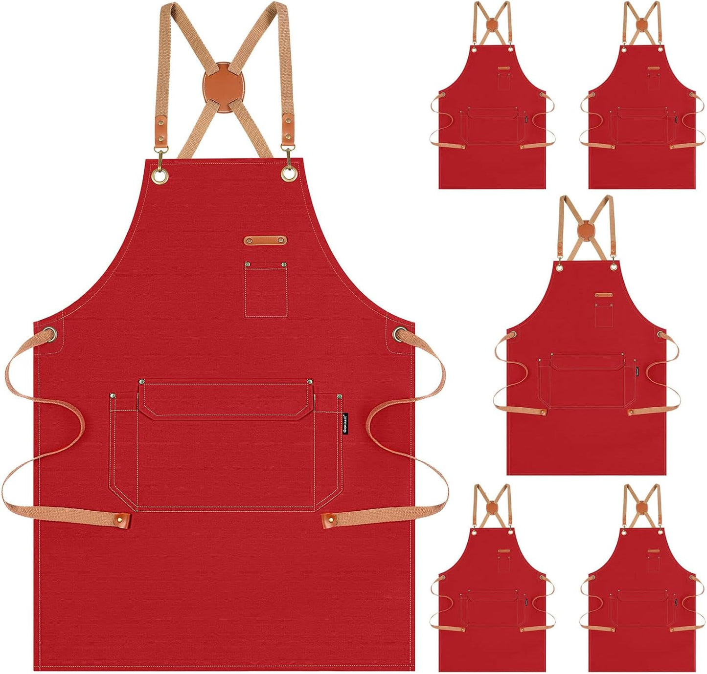 Genixart 6 Bulk Pack Chef Apron for Men Women with Pockets, Cross Back Apron for Kitchen Cooking Baking Artist Painting, Cotton Canvas Work Aprons for Restaurant, Cafe Shop, Garden (Red, M to XXL)