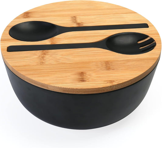 ShineMe Black Salad Bowl Set, 9.8inches Large Bamboo Fiber Salad Bowl With Lid and Utensils(Spoon & Fork), Solid Mixing Bowl For Serving Pasta, Fruits, Vegetables, Bread and Chips