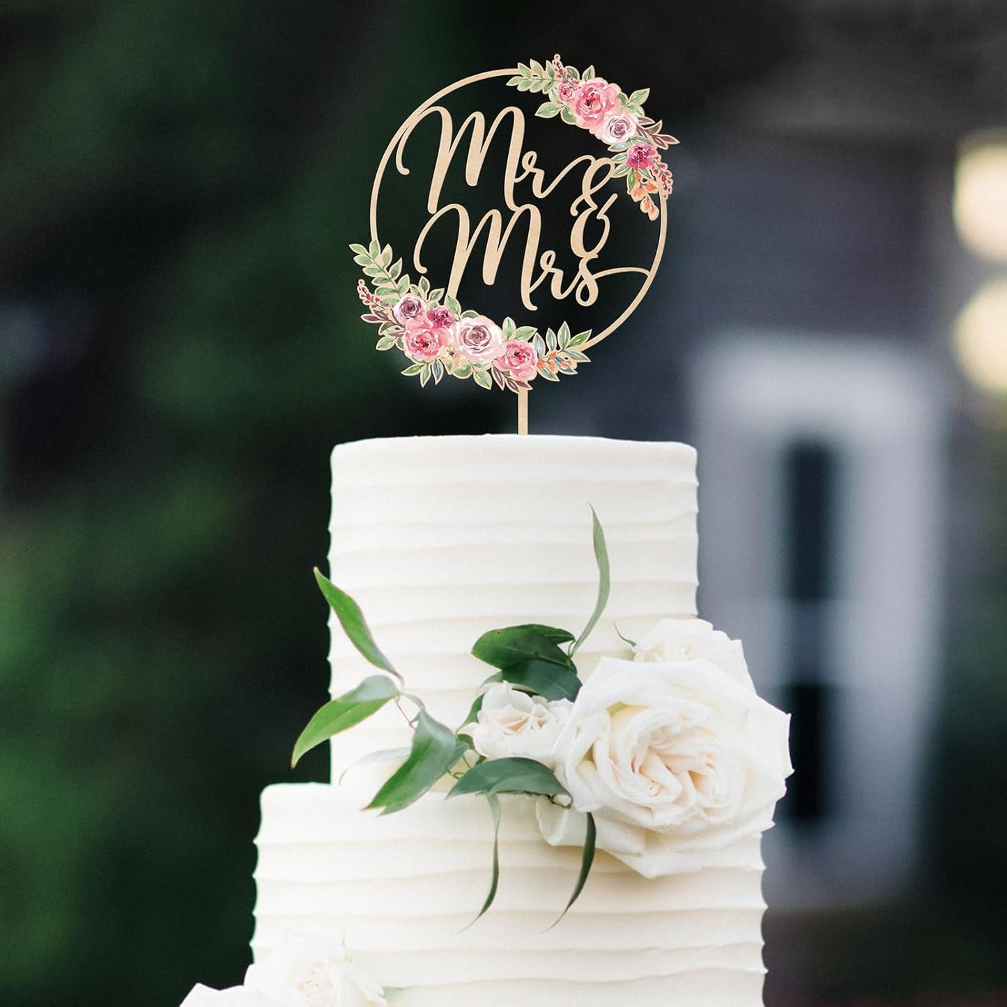 Mr & Mrs Cake Topper Floral Wedding Cake Topper in Wood (Design 01)