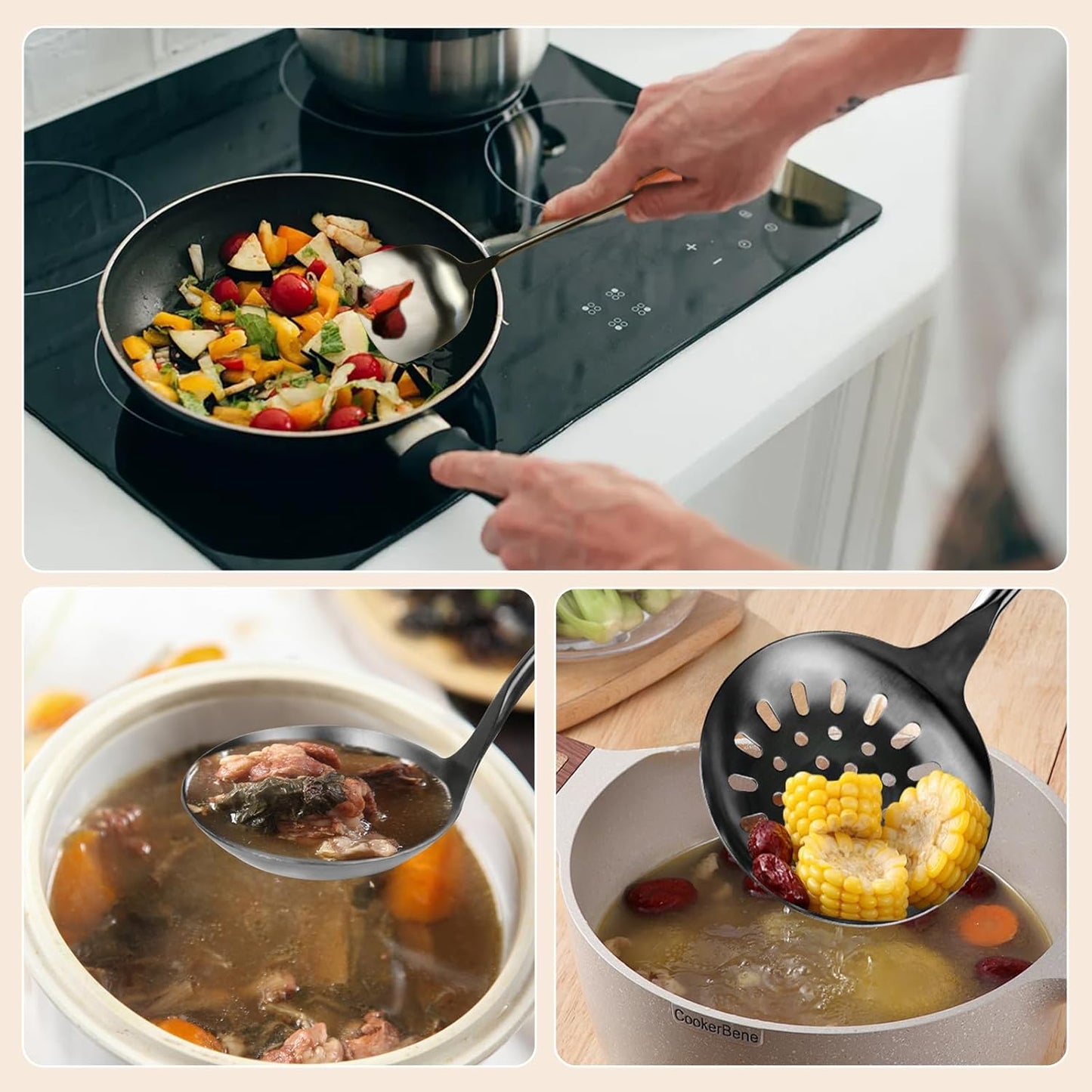 FJNATINH Wok Spatula and Ladle,Skimmer Ladle Tool Set, 17inches Spatula for Wok, 304 Stainless Steel Wok Spatula,Black