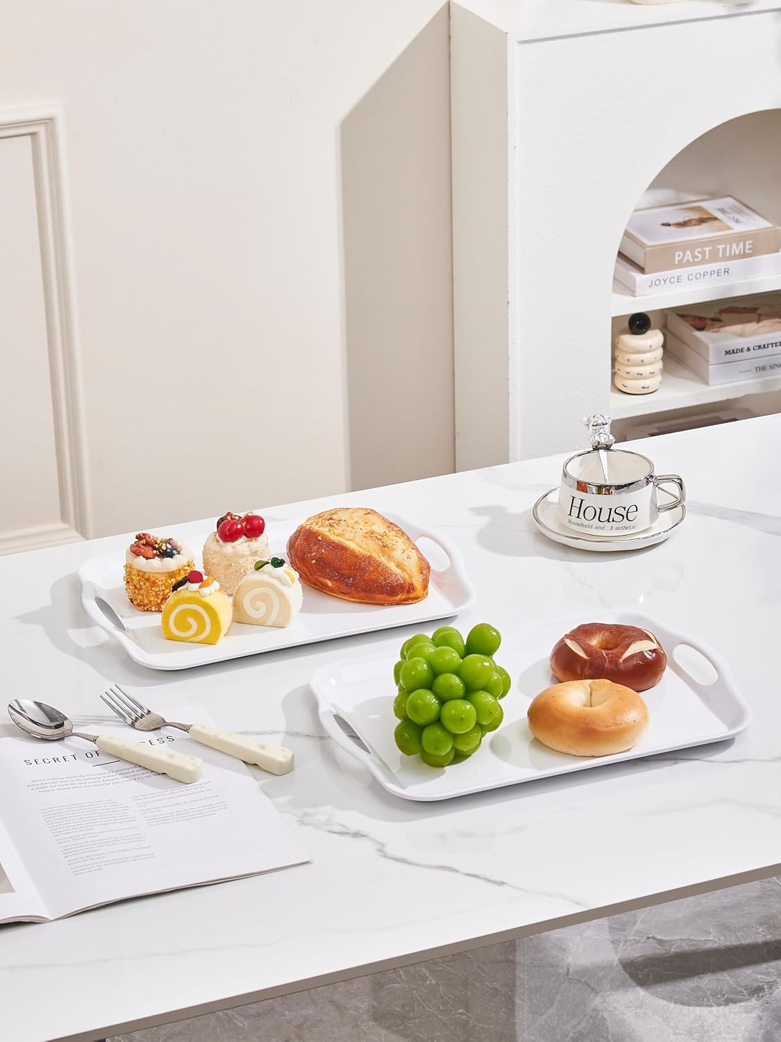 Blue Boat 14" x 10" Serving Trays Set of 4 White, Dinner Tray, Light Weight Easy to Clean Sturdy Stackable Melamine Serving Tray with Handle, Fruit, Snacks, and Desserts Trays