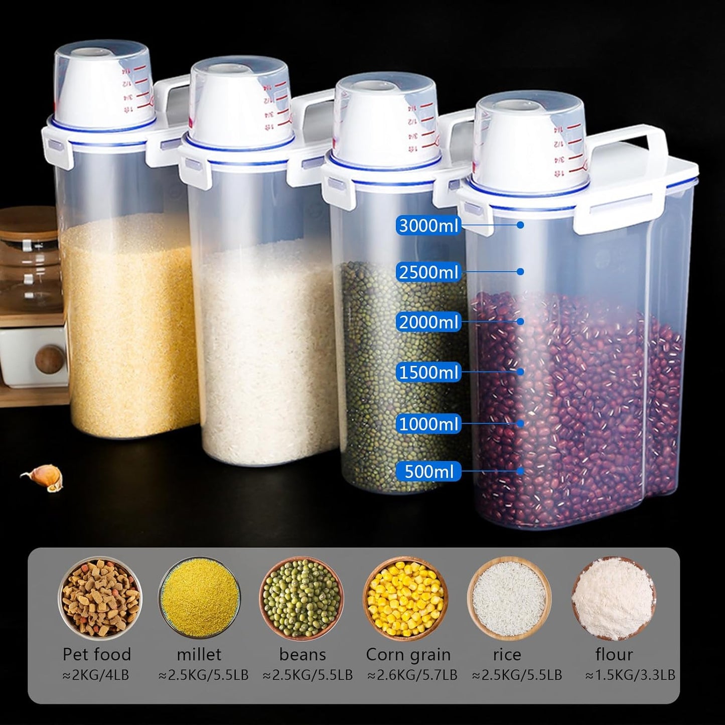 5.5 Lbs Plastic Transparent Tank, Rice Storage Barrel, Household Food Container Grain Storage Box for Oatmeal, Grain, Cereal, Pasta, Flour (6 Packs)