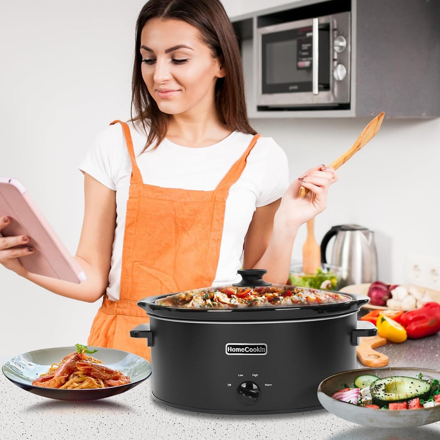 HOMECOOKIN 8 Quart Slow Cooker Oval Manual Pot Food Warmer with 3 Cooking Settings, Black Stainless Steel