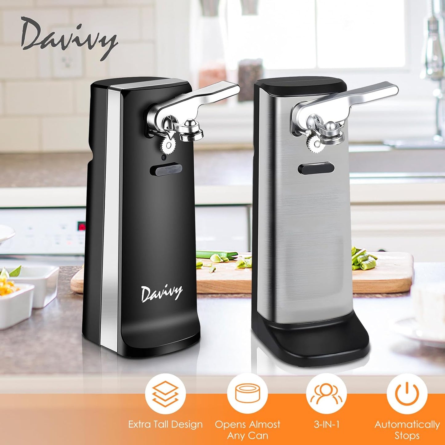 Davivy Electric Can Opener,Stainless Steel Tall Automatic Can Opener, Knife Sharpener and Bottle Opener (Black)