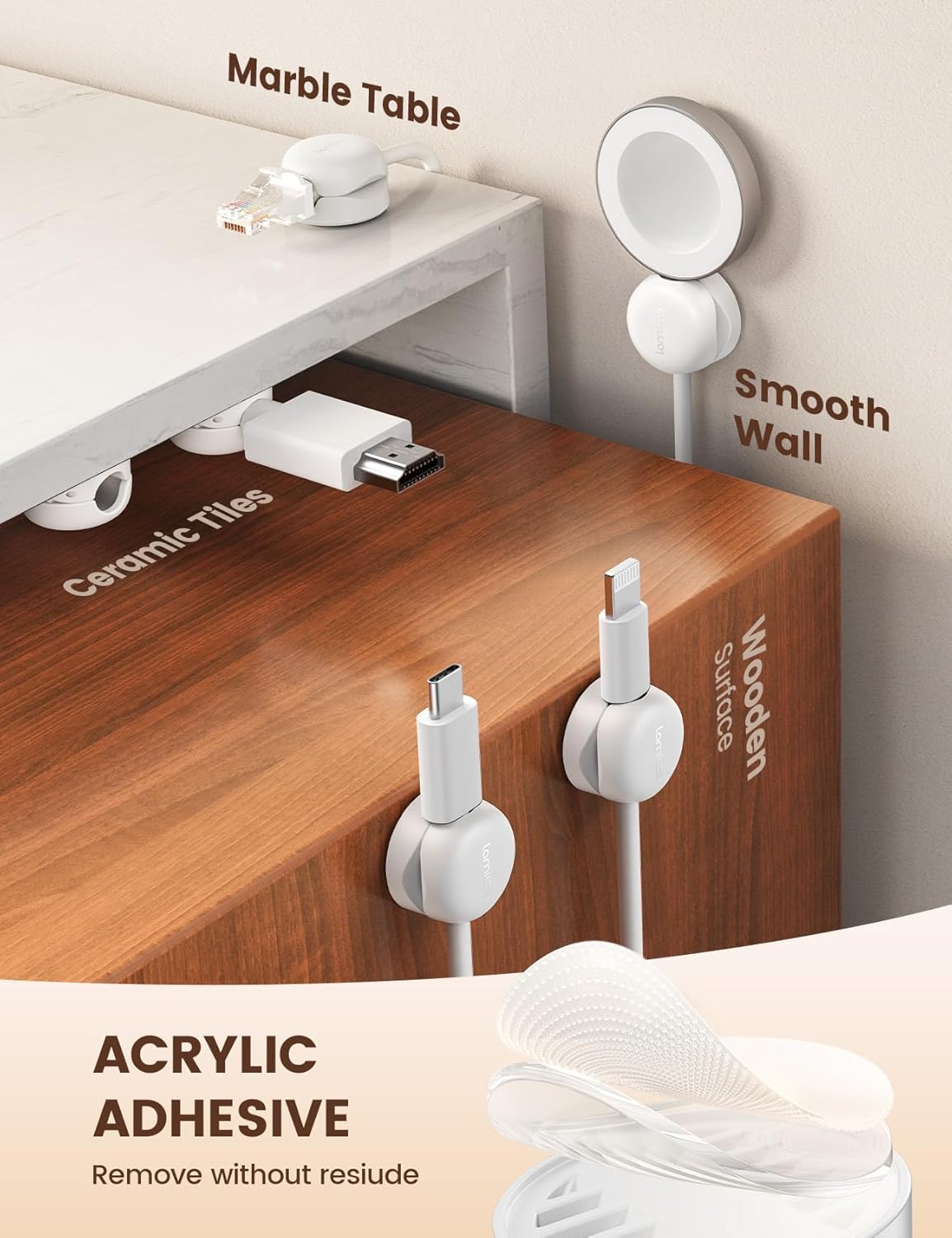 Lamicall Spring Cord Organizer, Office Desk Accessories - 12Pack Compact Desk Cable Management Holder Clips, Nightstand Phone Charging Cord Holder, 8mm Slot Adhesive Wire Organizer, White