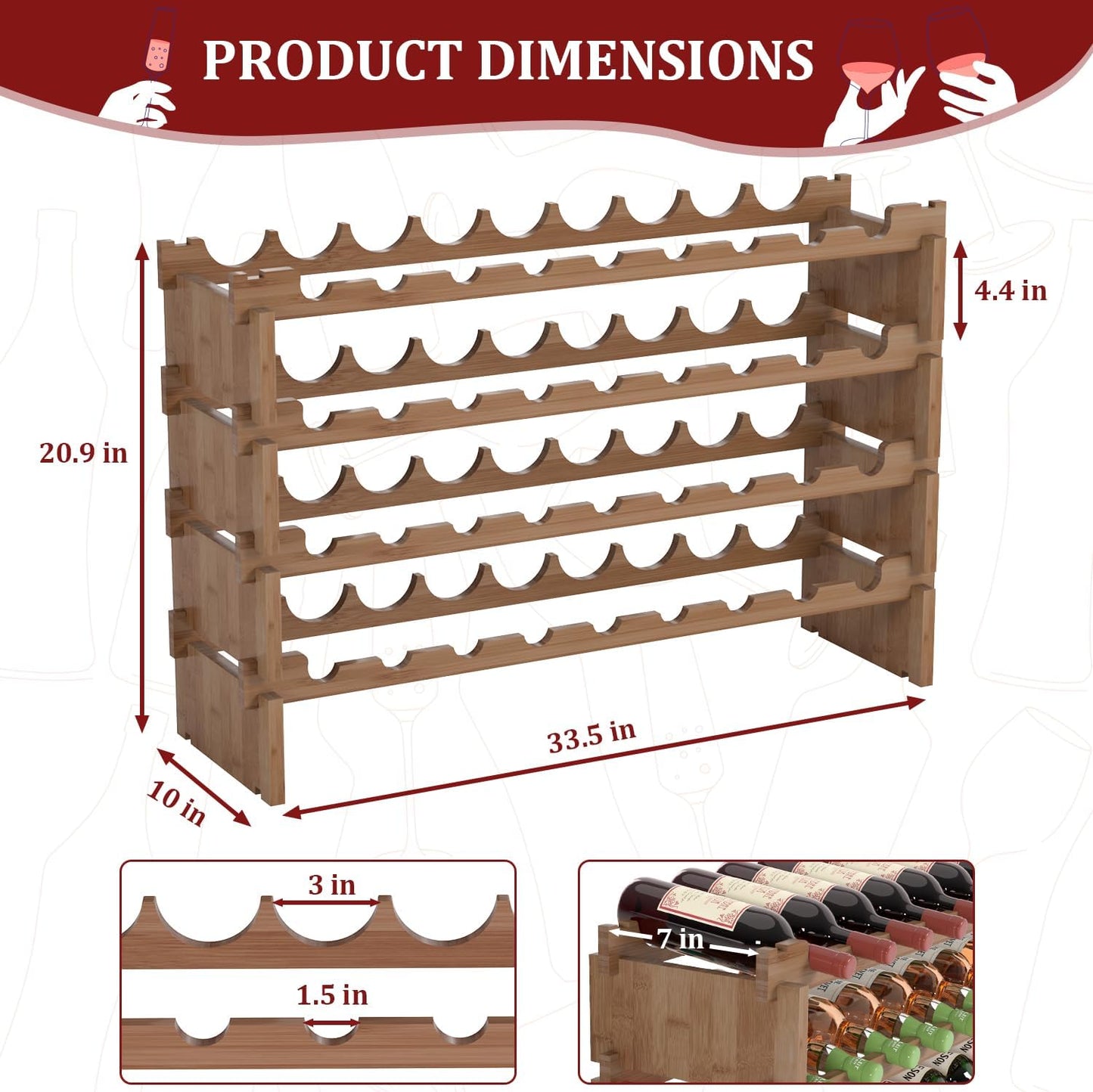 Domax Wine Rack Freestanding Floor - 36 Bottle Wine Racks Countertop,4 Tiers Stackable Wooden Storage Holder, 33.5 in Wide (Walnut)