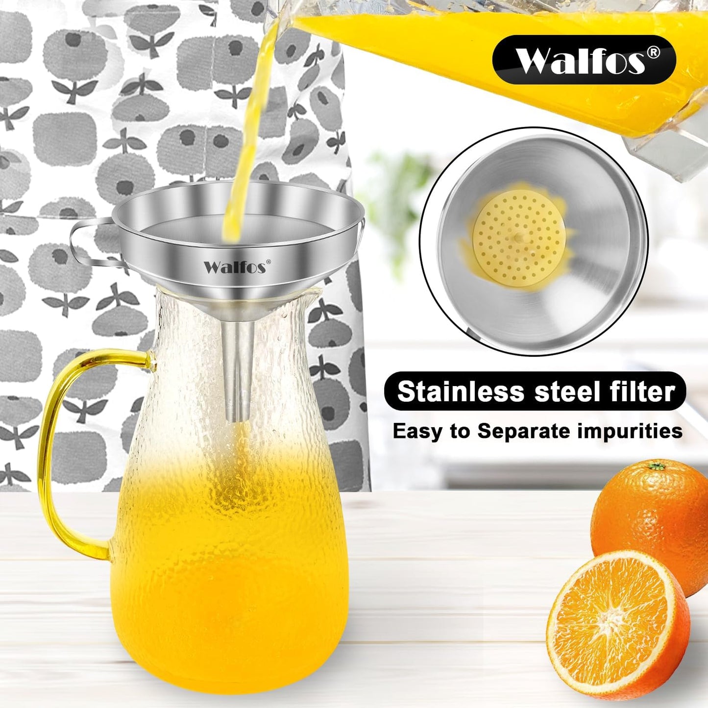 Walfos Extra Large Stainless Steel Funnel with Venting Slot, Kitchen Funnel with 2 Removable Strainer ＆ 1Pc Cleaning Brush, Perfect for Transferring Liquid, Oils, Jam, Dry Ingredients (Jumbo, 7.9")