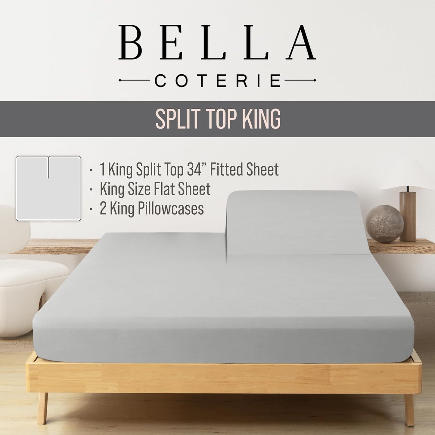 Bella Coterie Luxury Bamboo Viscose Split Top King Size Sheet Set | 100% Organically Grown | Ultra Soft | 34" Split | Cooling for Hot Sleepers | 18" Deep Pocket [Grey Mist]