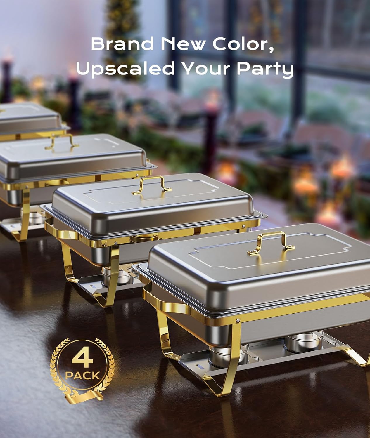 Chafing Dishes for Buffet 4 Pack, 9QT [Elegant Gold and Silver Colors] Food Warmers for Parties Buffet [Sturdy and High Grade] Chafing Dish Buffet Set for Any Party with Complete Set