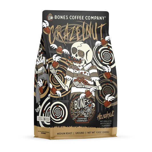 Bones Coffee Company Crazelnut, Hazelnut Flavored Coffee, Medium Roast Low Acid Arabica Beans Compatible with Auto drip and French Press Coffee Maker, 12 Oz Ground