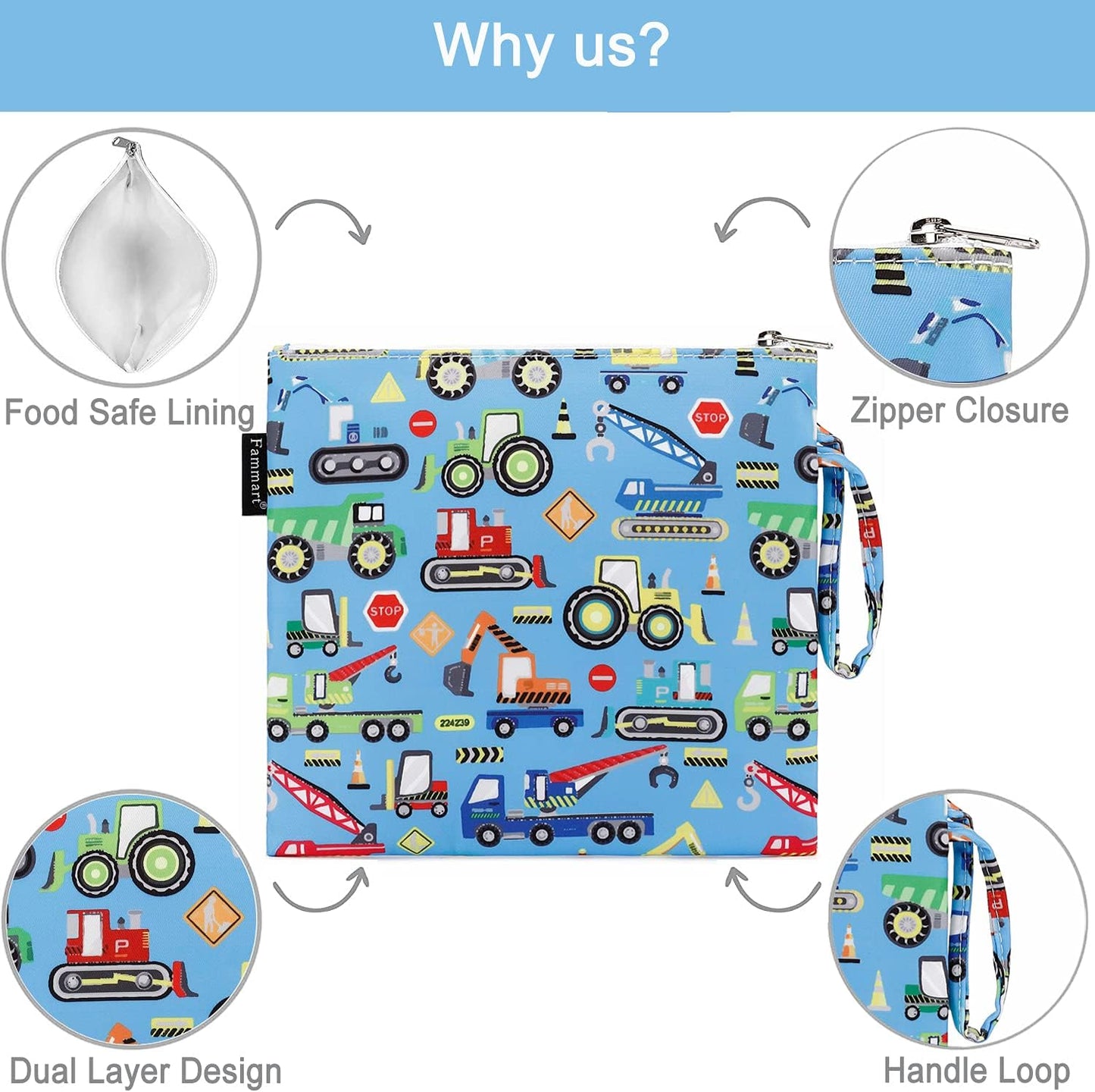 Reusable Sandwich Bag/Snack Bag for Kids & Adults, Dual Layer Lunch Bag with Handle, Washable, Food Safe, BPA Free (1-Pack, Car)