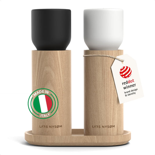 LARS NYSØM Wooden Salt and Pepper Grinder Set Manual with Tray - Salt and Pepper Mills with Adjustable Ceramic Grinder - Elegant Beechwood Pepper and Salt Mill Set for Dining Table (Black/White)
