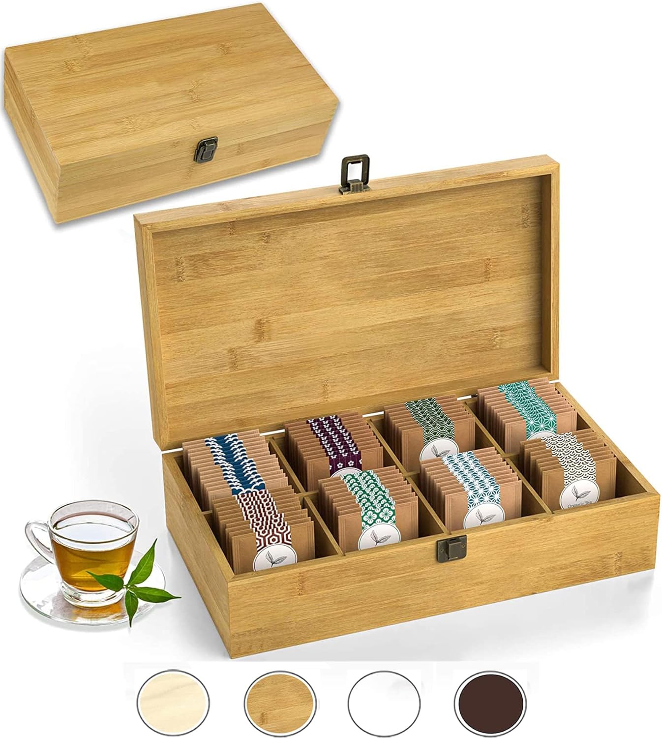 Bamboo Tea Organizer Box Chemical Free Eco-Friendly Big, Tall, Adjustable Cubbies Natural Wooden Storage Chest (8-Slot 14.3" x 8.1" x 4.2" Blank)