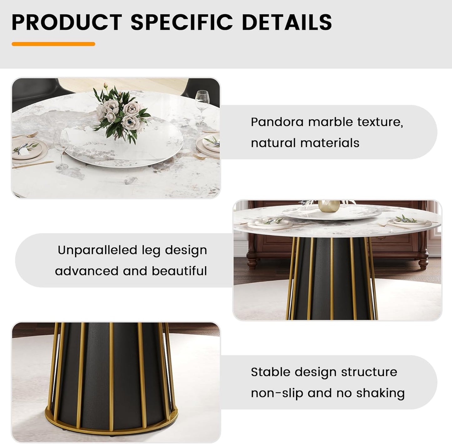 Montary 9 Piece Dining Table Chairs Set, Modern Dining Table Set of 8, Includes 59" D Marble Round Table with Metal Iron Base, 8 Grey Black Dining Chairs for Home, Kitchen