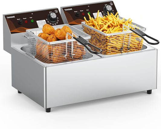 Commercial Deep Fryer with Baskets 20.7Qt Dual Tank Upgraded Electric Countertop Fryer Heavy Duty 1mm Thickened Stainless Steel Deep Fryers, 120V, 3600W, UL Certified