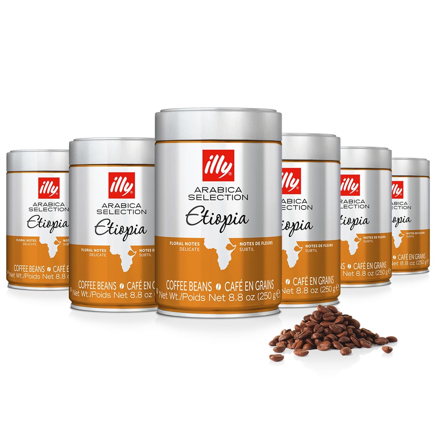 illy Arabica Selections, Ethiopia Whole Bean Coffee, 100% Arabica, Single Origin, Light Roast with Notes of Jasmine, All-Natural, No Preservatives, 8.8 Ounce Can (Pack of 6)