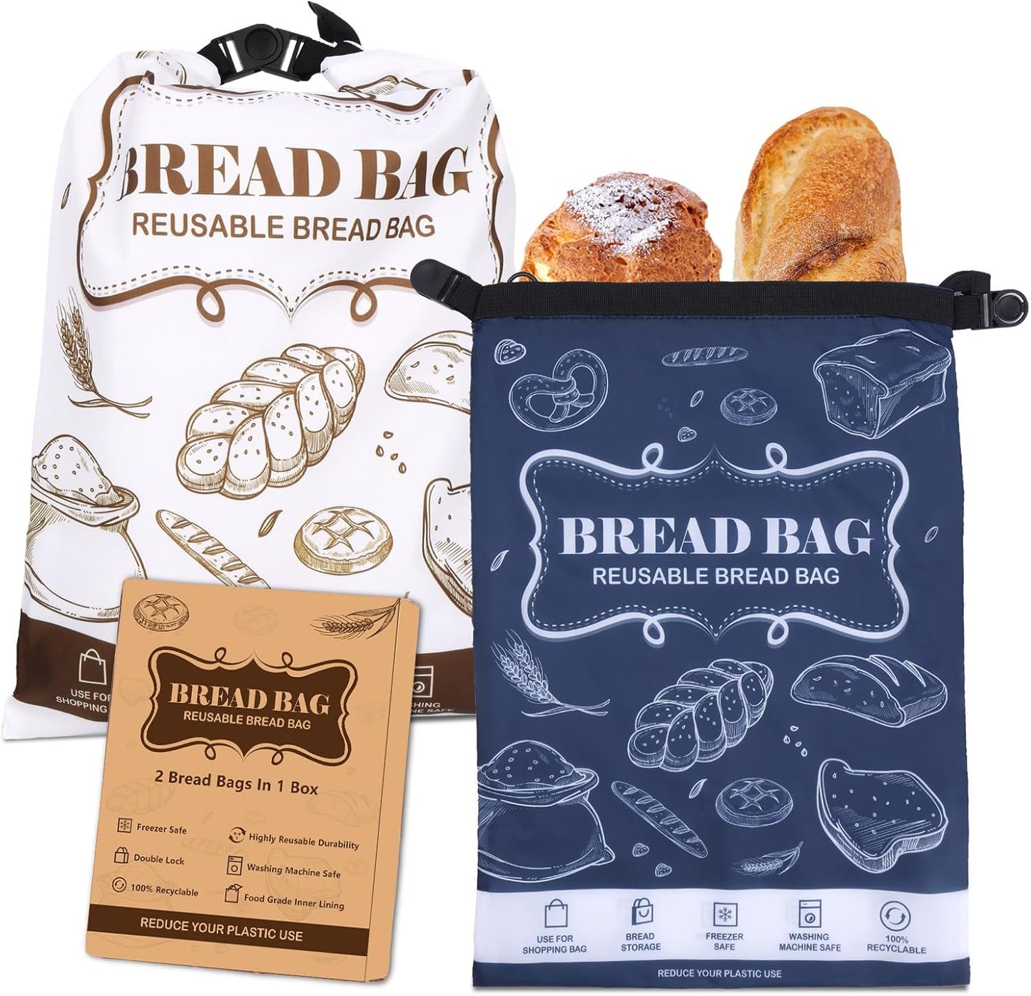 Bread Bags, 2 Packs Bread Bags to Keep Fresh, Reusable Zipper for Homemade Loaf, Freezer Storage Bag, Container, Fresh Keeping Extra Large Food Bag (White)