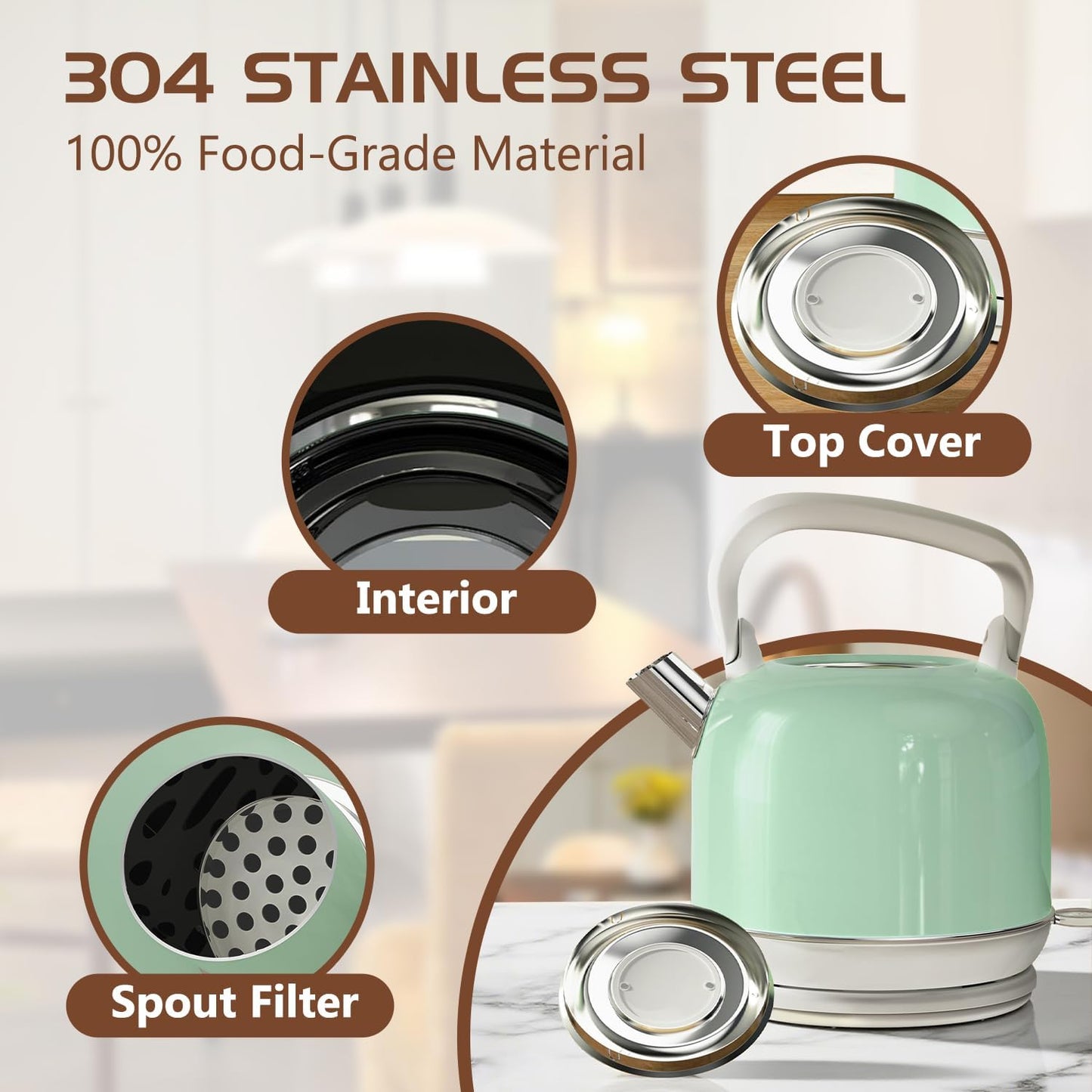 Electric Tea Kettle, 1500W Electric Kettle for Boiling Water, Food Grade Stainless Steel 2L Tea Kettle with Ergonomic Handle, Hot Water Boiler Auto Shut-off, Boil-Dry Protection