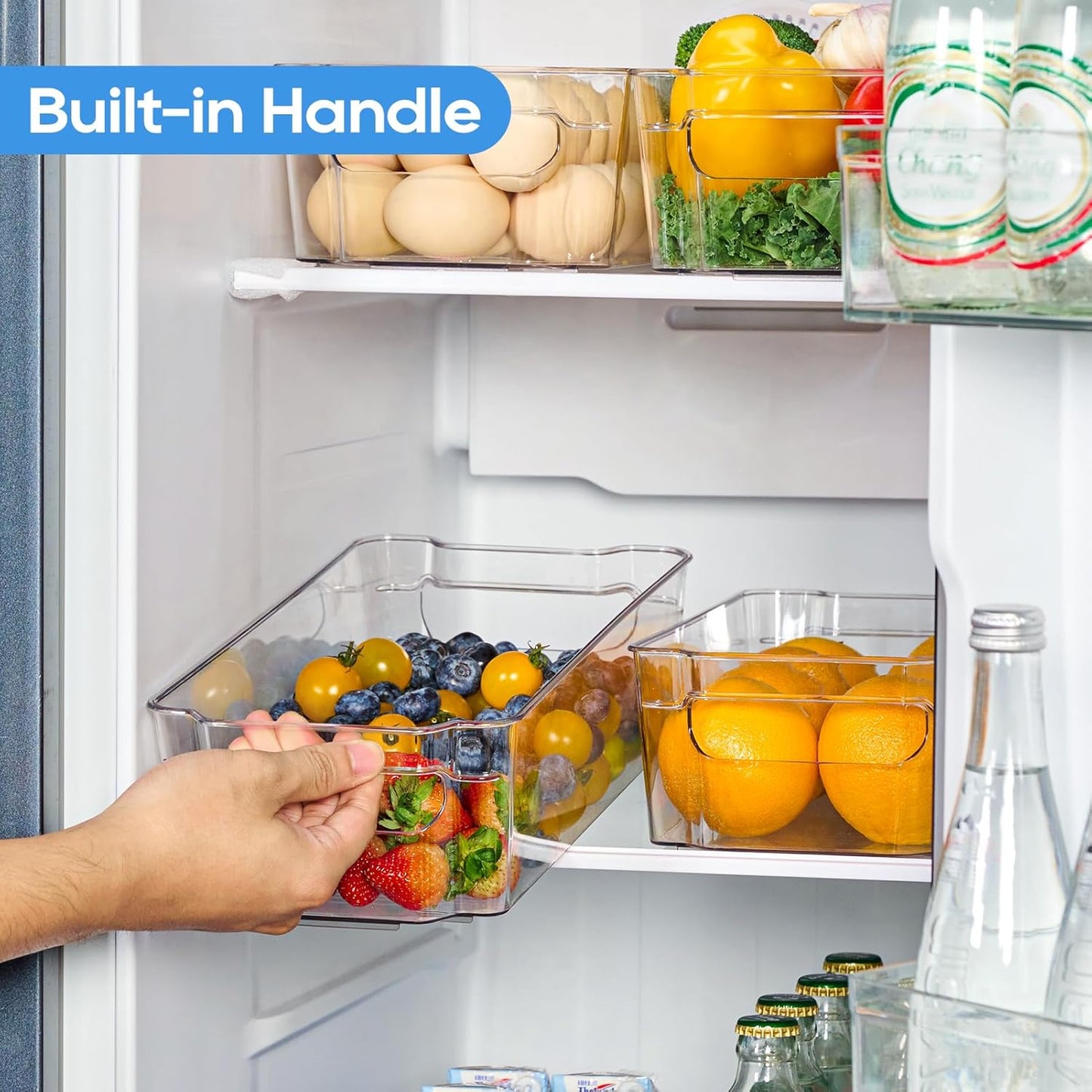 JollyPack 8 Pack Clear Plastic Storage Bins, Refrigerator Organizers and Storage with Handles for Fridge, Pantry, Kitchen, Bathroom, Office, and Cabinet Organization