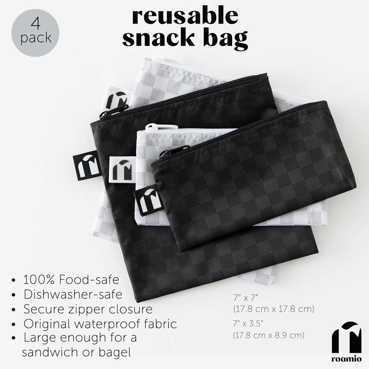Roamio Reusable Sandwich and Snack Bags, for Kids School Lunch and for Adults Portion, Washable Fabric, Waterproof Cloth Zip Bag, Travel Pouch, Food-Safe Storage,4-pack Set Black Check and Off White