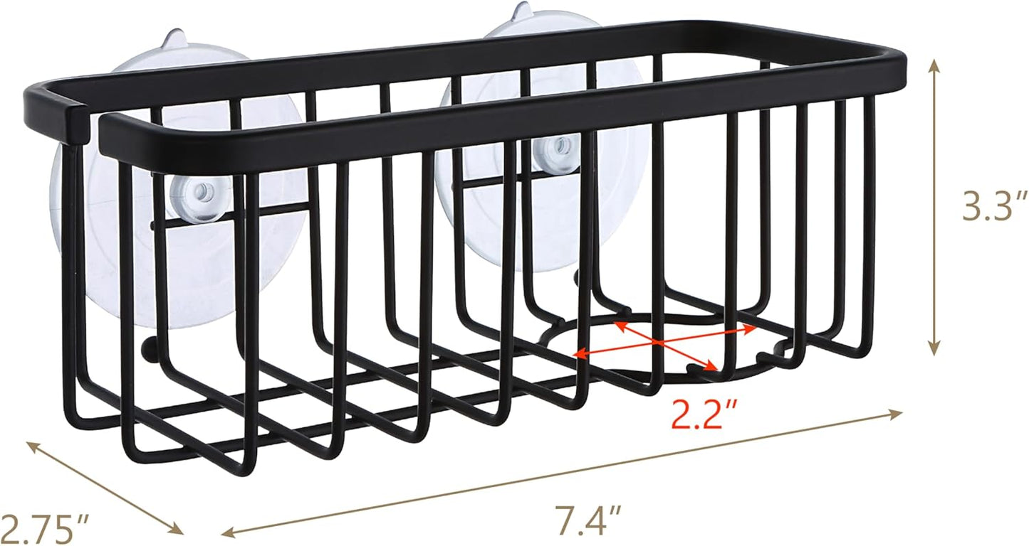 SunnyPoint NeverRust Deluxe Kitchen & Bathroom Sink Sponge Holder Organizer with Adhesive Mount - Additional Suction Cup Included – Sponge & Brush NOT Included – 7.4 x 3.3 x 2.75 Inch, BLK