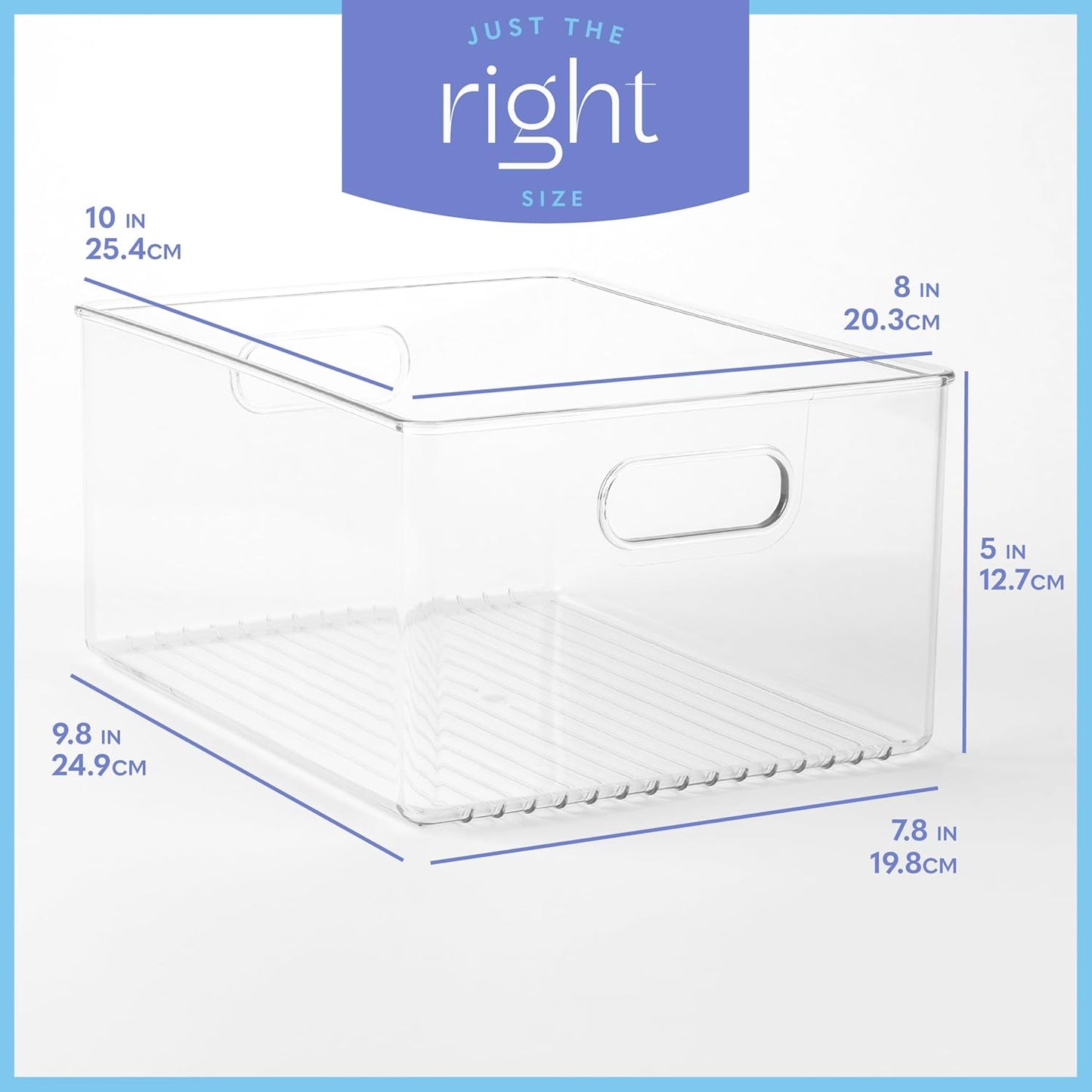 Plastic Food Storage 2 Pack Clear Container Bin with Handles for Organizing Kitchen, Pantry, Refrigerator, Freezer, Pantry, Cabinet, Closet, Bathroom 10”x8”x5”