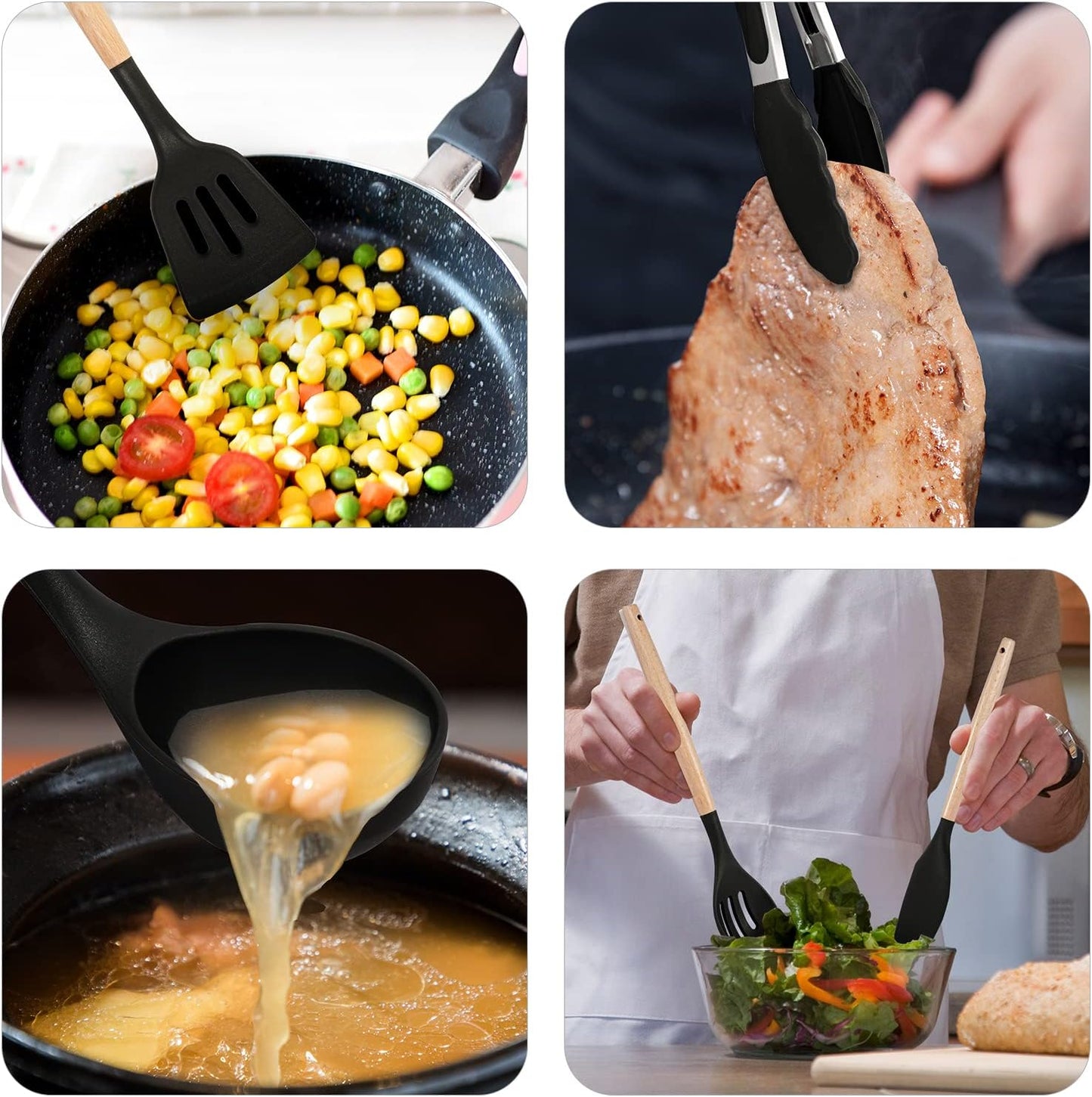 Non-Stick Silicone Cooking Utensils Set, 5 Pcs with Wooden Handle, Heat Resistant Silicone Kitchen Gadgets (Black)