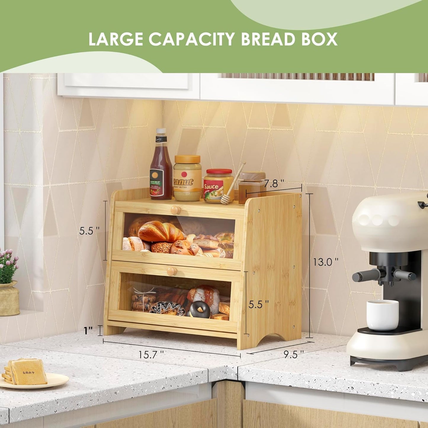 Double Layer Bread Box for Kitchen Countertop, Large Breadbox Bread with Windows, Wooden Farmhouse Bread Holder (Natural Bamboo)