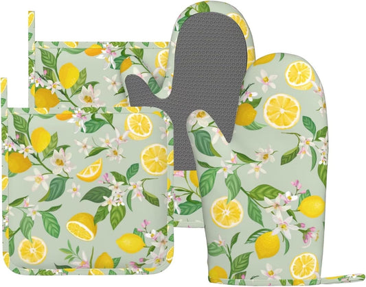 Lemon Oven Mitts Pot Holders Set Silicone Lemon Paper Yellow Citrus Fruit Lemons Kitchen Oven Mitts Heat Resistant Potholders Non-Slip 4pcs Hot Pads and Oven Gloves Sets for Baking,Grilling