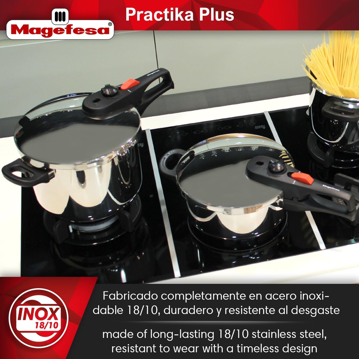 Magefesa Practika Plus Pressure Cooker, 4.2 & 6.3 Quart, 18/10 Stainless Steel, Induction-Compatible, Superior Heat Distribution, Encapsulated Diffuser Bottom, 5 Safety Systems