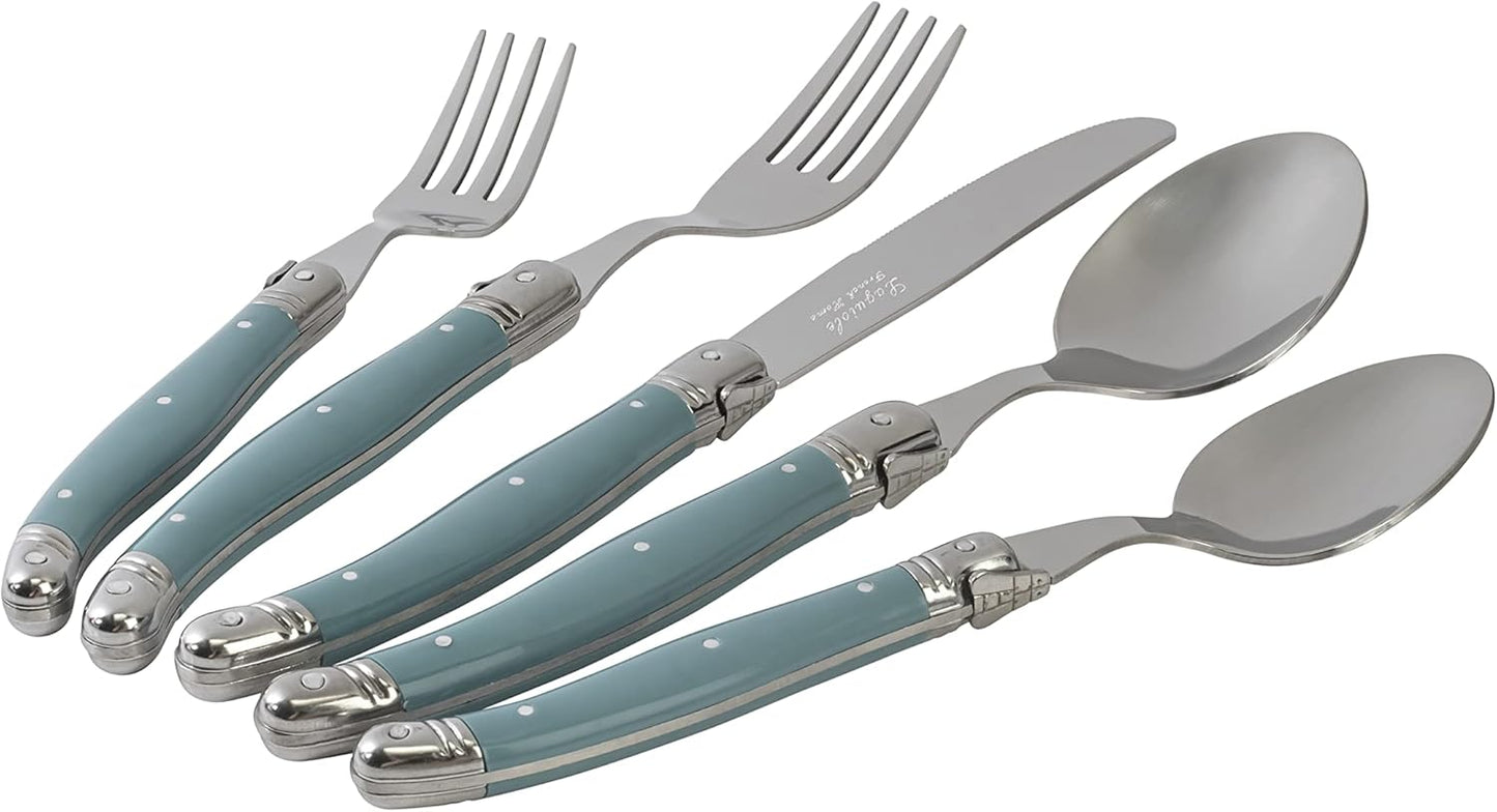 French Home Laguiole 20 Piece Flatware Set – Stainless Steel Flatware Set for 4 – Luxurious Aegean Teal Utensil Set with Knives, Spoons and Forks