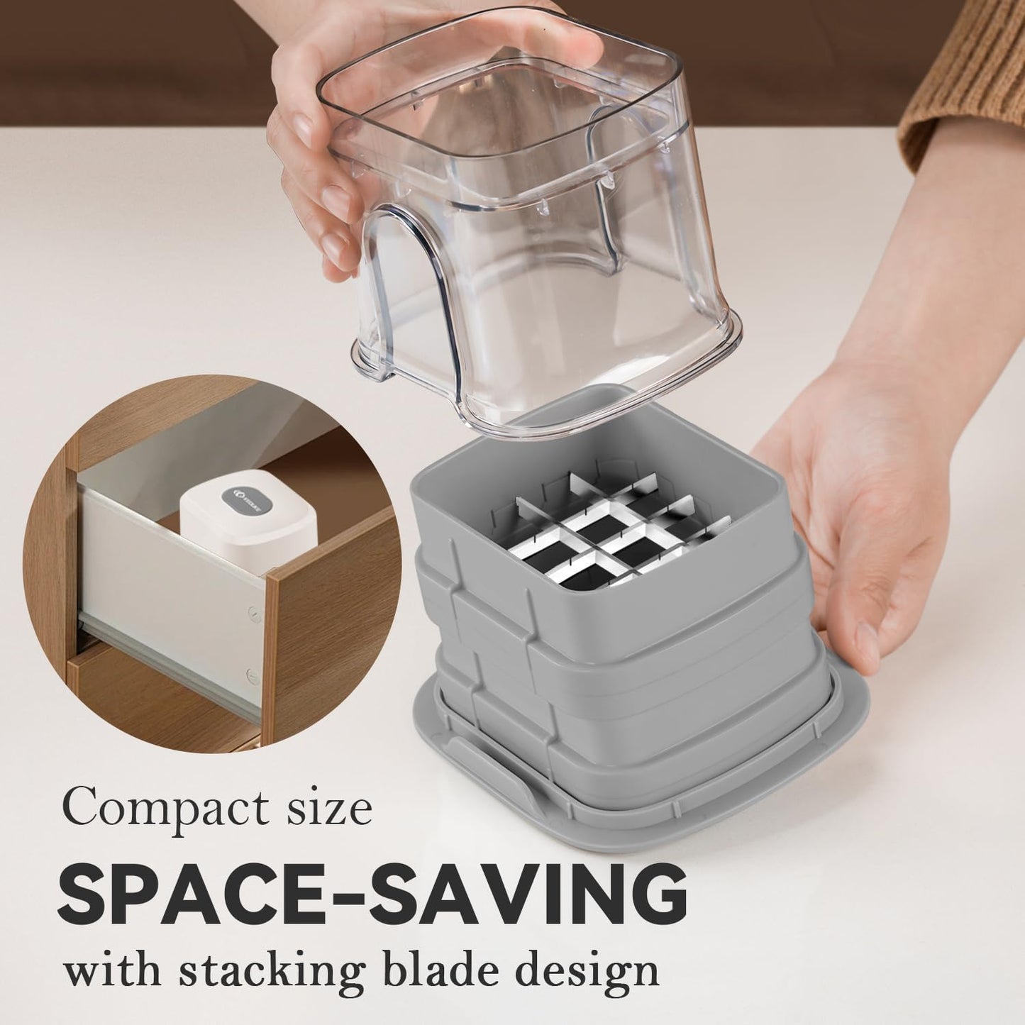 KEOUKE Multifunctional Vegetable Chopper White - 3 Interchangeable Blades Potato French Fry Cutter with Container & Storage Box Food Chopper Dicer for Cucumber, Tomato, Carrot, Onion