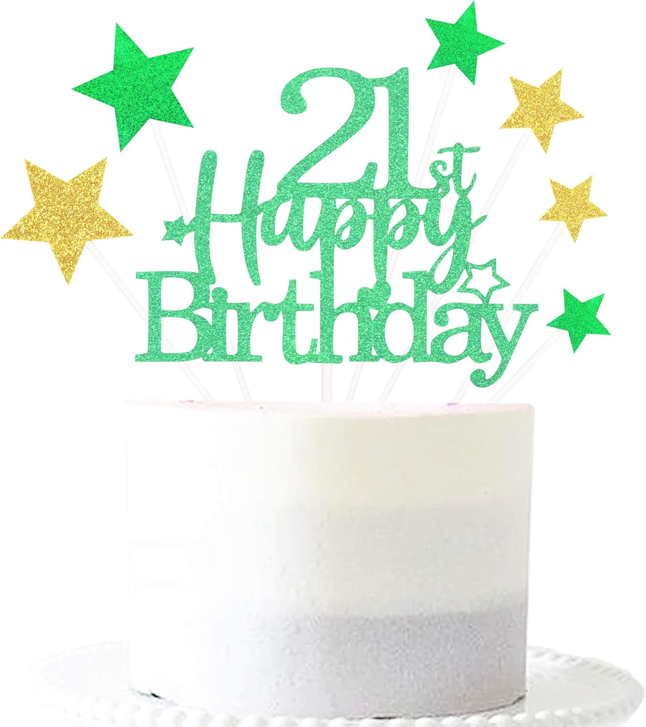 Glittery 21st Happy Birthday Cake Topper with Star,Personalised 21 Birthday Cake Toppers Party Decorations Party Supplies for Boys Girls Green Gold