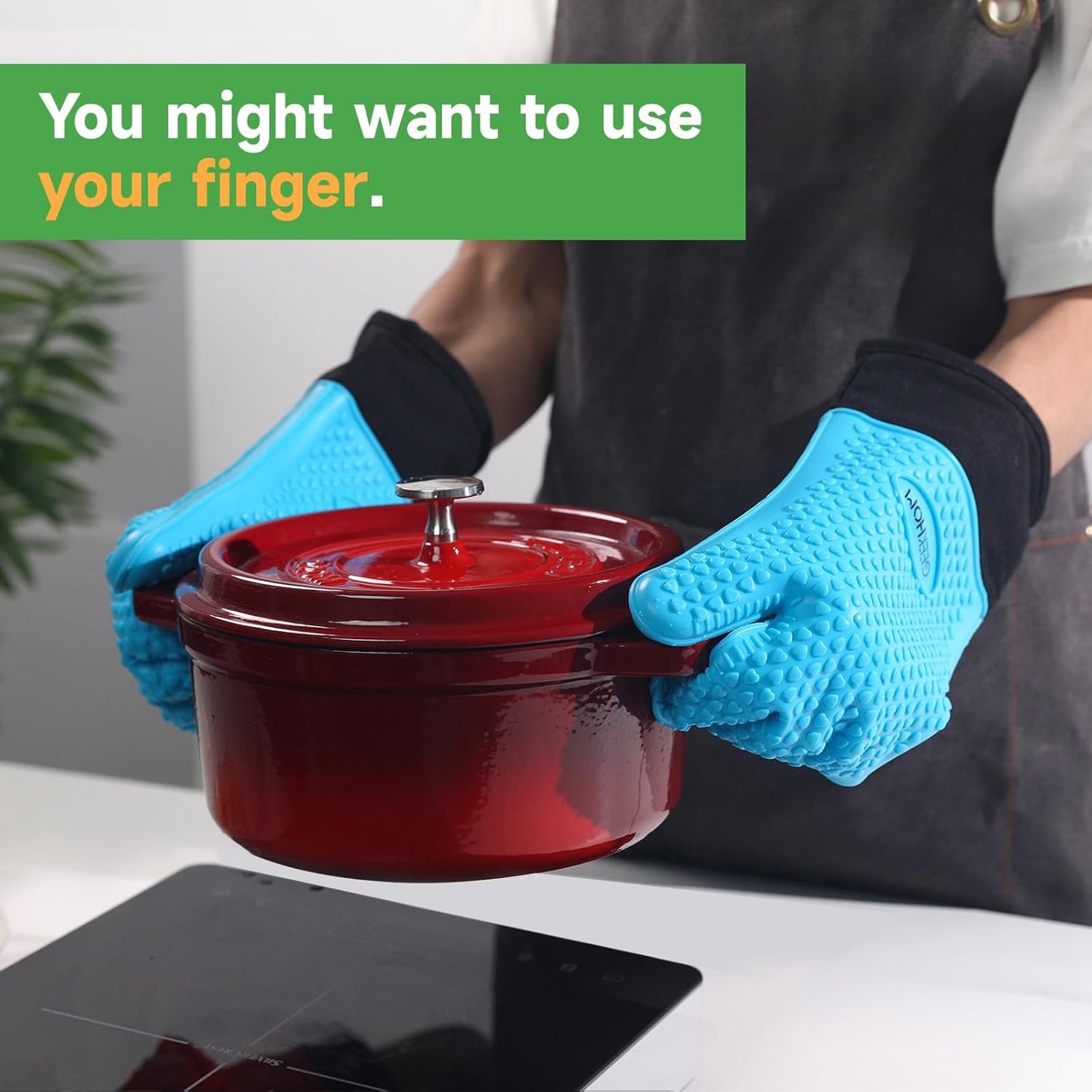 GEEKHOM BBQ Gloves Heat Resistant Oven Mitts - Silicone Grilling Gloves with 13.7" Arm Protection - Waterproof Pot Holder Non-Slip for Men & Women, Kitchen Outdoor Cooking, Baking, Camping, Blue