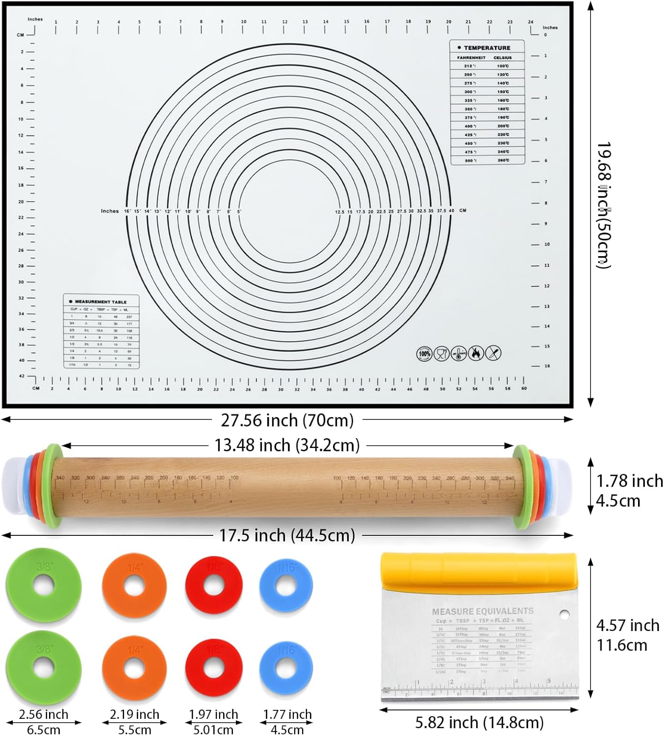 Unokit Rolling pin 3-Piece Set, 17.5" Rolling Pin with Adjustable Thickness Rings, Wooden Dough Roller, Rolling Pins for Baking Pizza, Pasta, Bread - Baking Essentials
