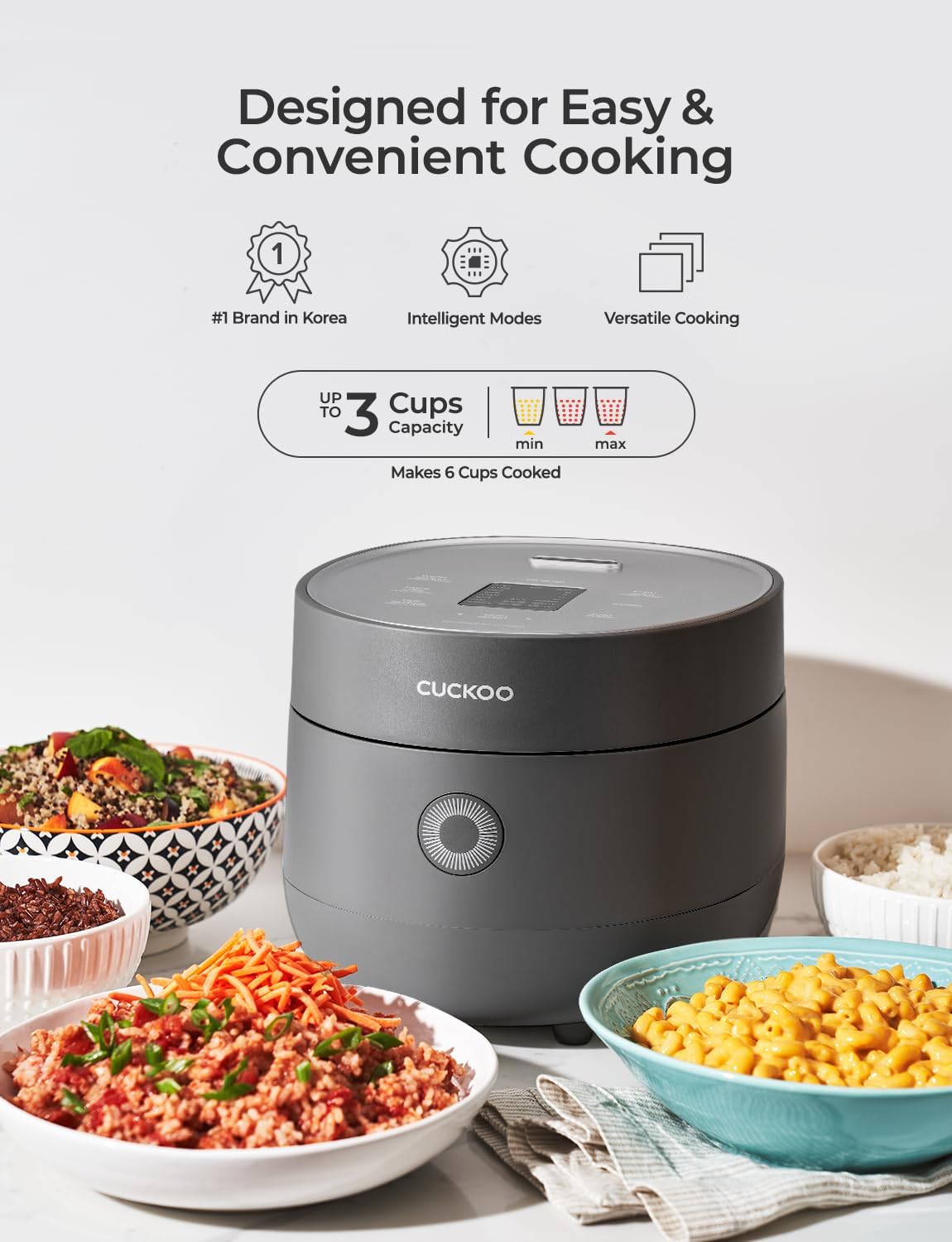 CUCKOO Rice Cooker 3 Cup Uncooked / 6 Cup Cooked, Modern Fuzzy Logic Rice Cooker Small with Delay Timer & Keep Warm Setting, Versatile Food Steamer for Cooking, Non-Stick Inner Pot, Gray (CR-0375FG)