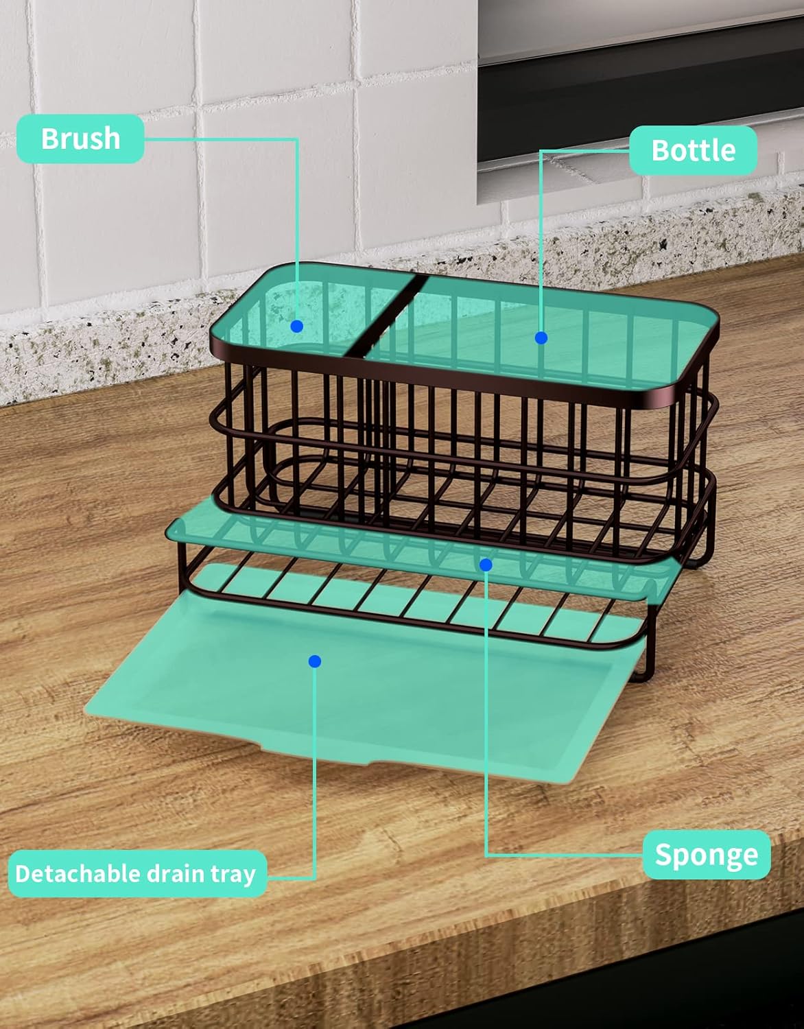 HapiRm Multifunctional Kitchen Sink Caddy with Removable Drain Tray, Quick Draining Rustproof Sink Organizer, Stainless Steel Kitchen Sponge Holder for Sponge, Cleaning Towel and Scrubber-Bronze