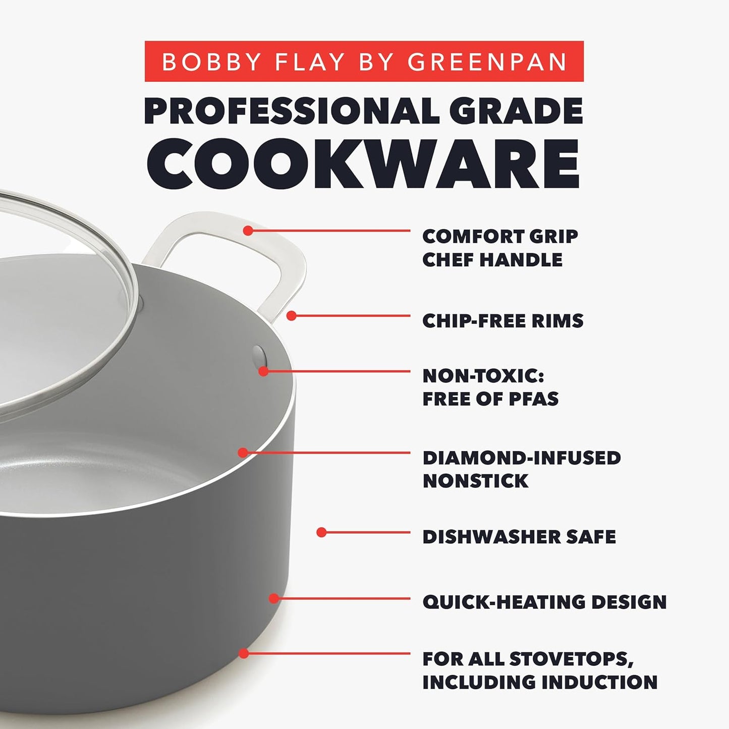 GreenPan x Bobby Flay 6QT Stockpot with Glass Lid, PFAS-Free Diamond Ceramic Nonstick Pot, Induction Suitable, Easy Clean Dishwasher & Oven Safe, Quick Heating, Pasta, Soups, Graphite