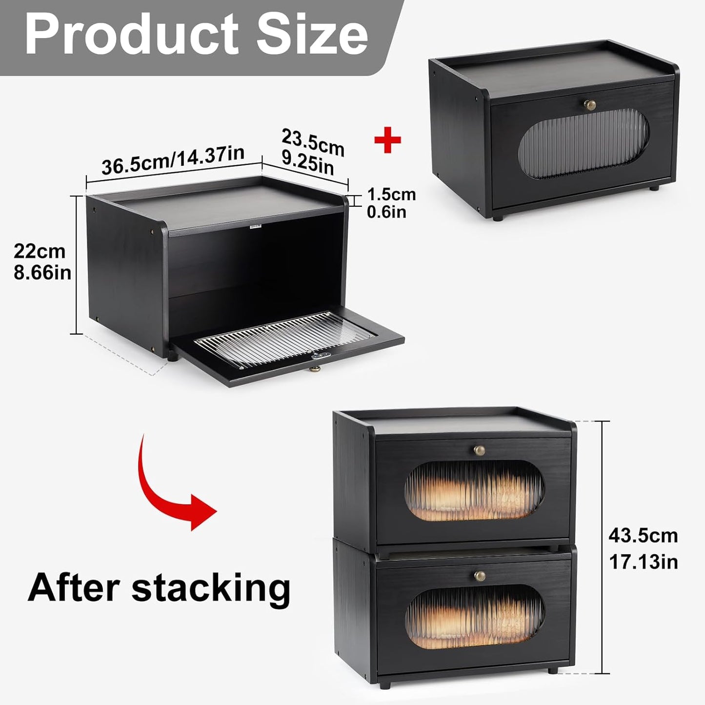 Sunhoo Bread Box for Kitchen Countertop Storage Wooden Breadbox Holder Container Morden Rustic Fresh Bread Keeper Farmhouse Stackable Organizer Bin for Homemade Food Shelf Acrylic Window (Black)