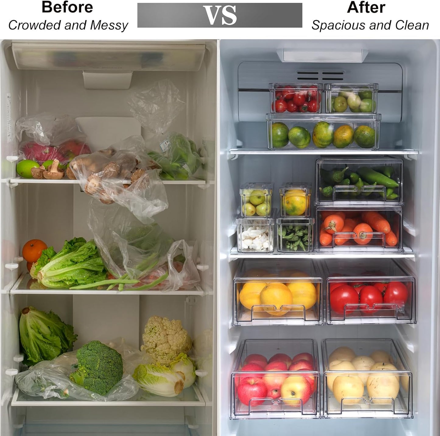 Taiuloo 2 Pack Stackable Refrigerator Organizer Bins with Pull-Out Drawer, Clear BPA-Free Food Storage Containers for Fridge Freezer, Kitchen Pantry Cabinet & Bathroom Vanity Organization