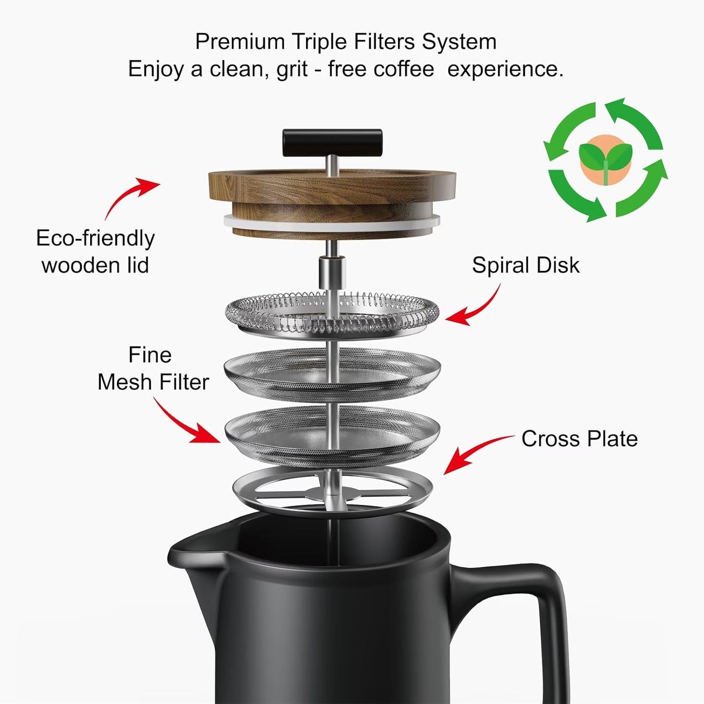 DHPO Ceramic French Press Coffee Maker, 22 Ounce Coffee Press Manual Brewer with Walnut Wood Lid, Premium Food Grade Stainless Steel Filter with Dual Screen for Coffee and Loose Tea, Gift Box, Black