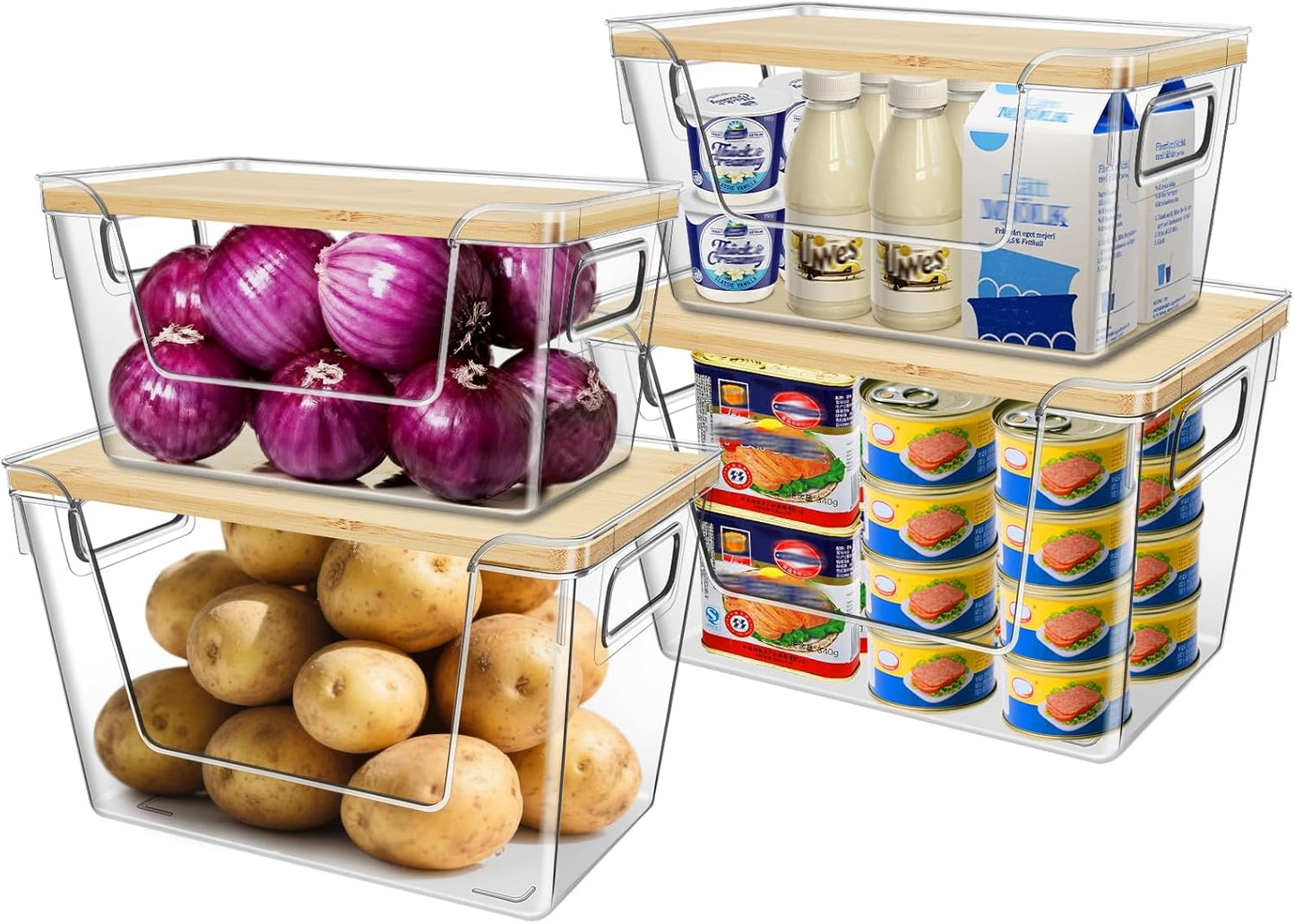 4 Set Stackable Storage with Removable Bamboo Cover, Plastic Container for Kitchen Organizers, Clear Front Open More Easy Access Bins Storage for Pantry, Potato, Onion, Garlic, Fruits, Vegetable