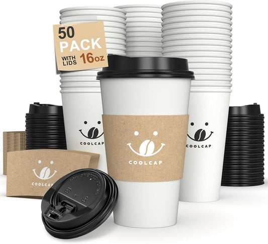 Coffee Cups with Lids and Sleeves, 16 oz 50 pack To Go Cups with Lids, Paper Hot Coffee Cups for Hot & Cold Beverage (White, 16 oz)