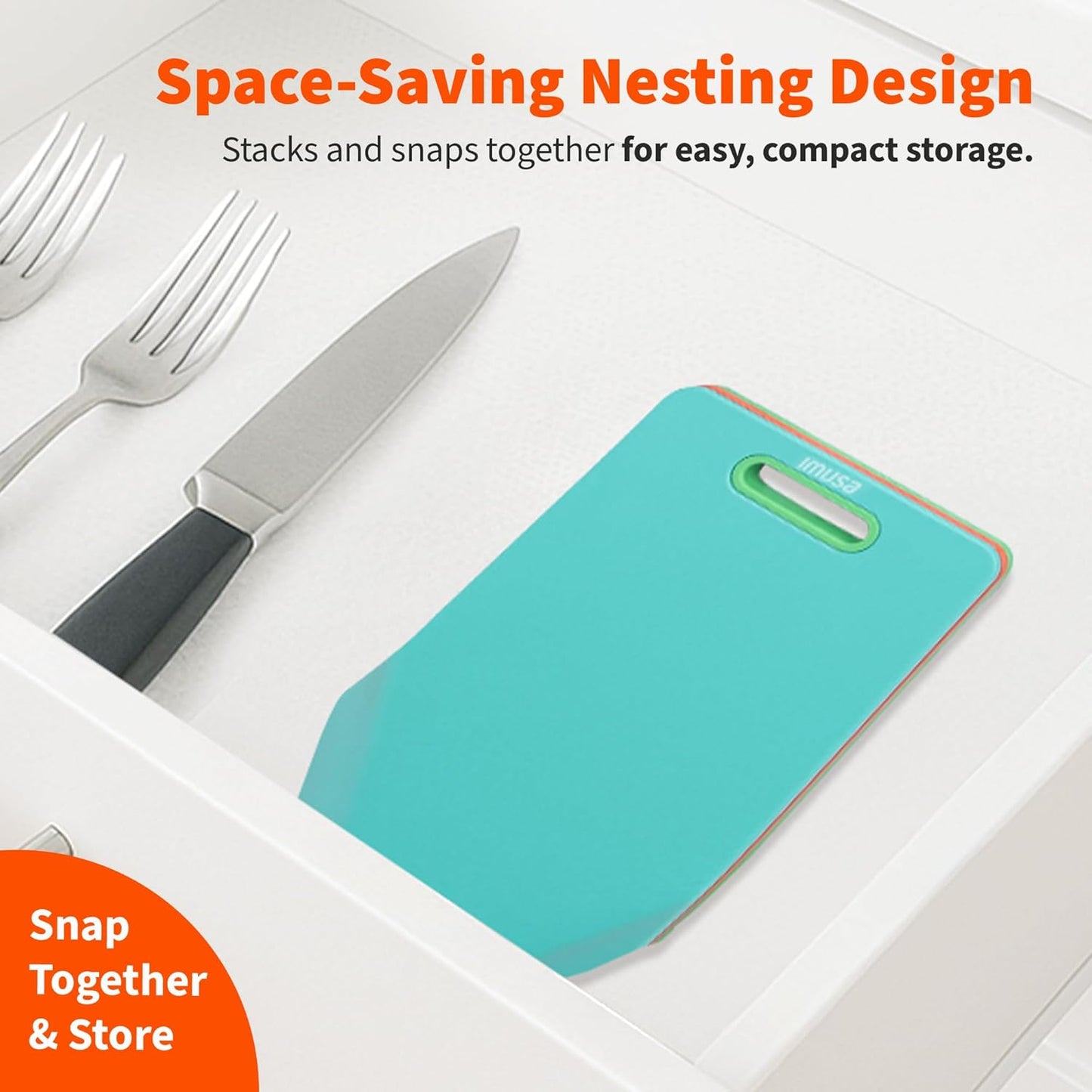 IMUSA Cutting Board Set – 3-Pack Plastic Cutting Boards for Kitchen, 11.8" x 7.4" Color-Coded Chopping Boards with Handles and Curved Edge, Nesting Small Cutting Boards, Dishwasher Safe