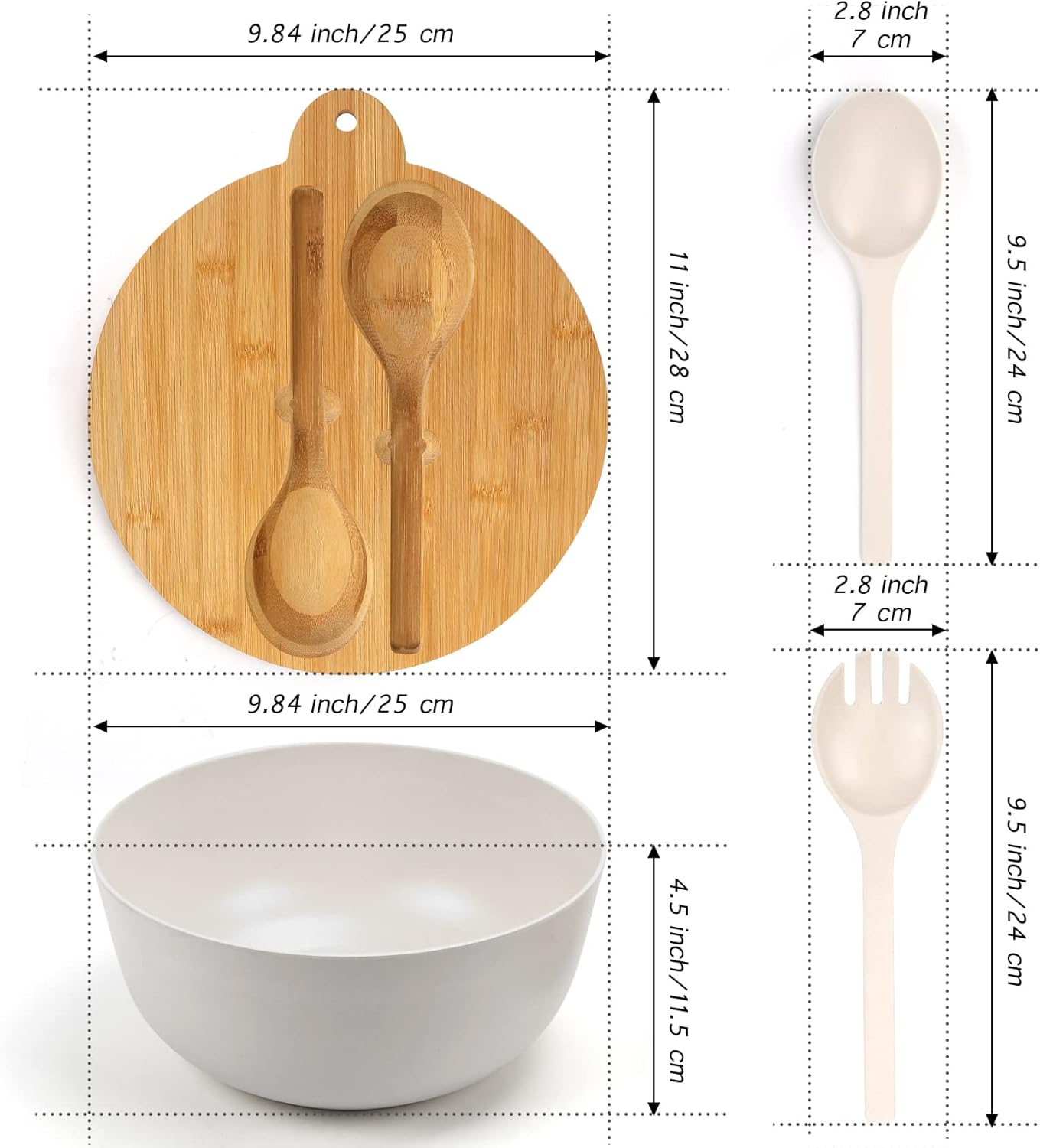 ShineMe Large Salad Bowl with Lid, 9.8inches White Salad Serving Bowl Set with Utensils, Bamboo Wooden Salad Bowl with Multifunctional Lid with Handle and Silicone Seal Ring