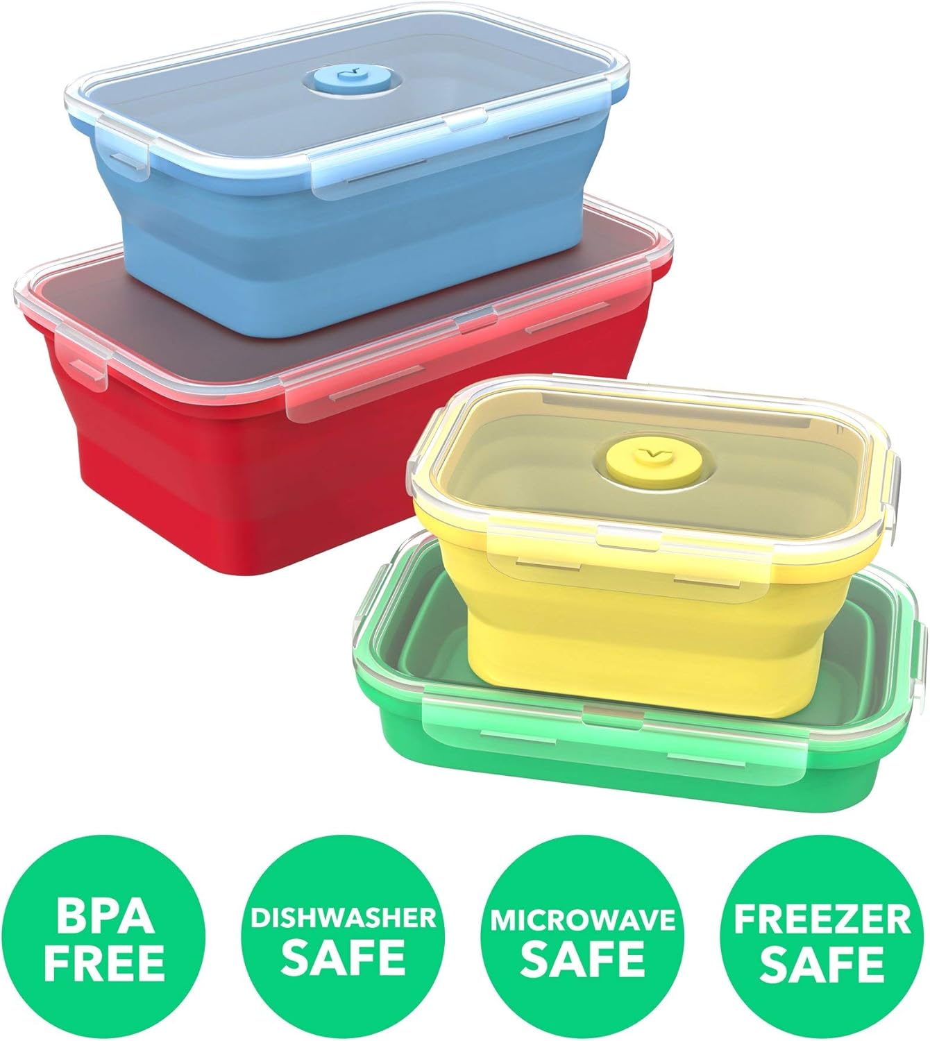 Vremi Silicone Food Storage Containers with BPA Free Airtight Plastic Lids - Set of 4 Small and Large Collapsible Meal Prep Container for Kitchen Lunch Boxes - Microwave and Freezer Safe