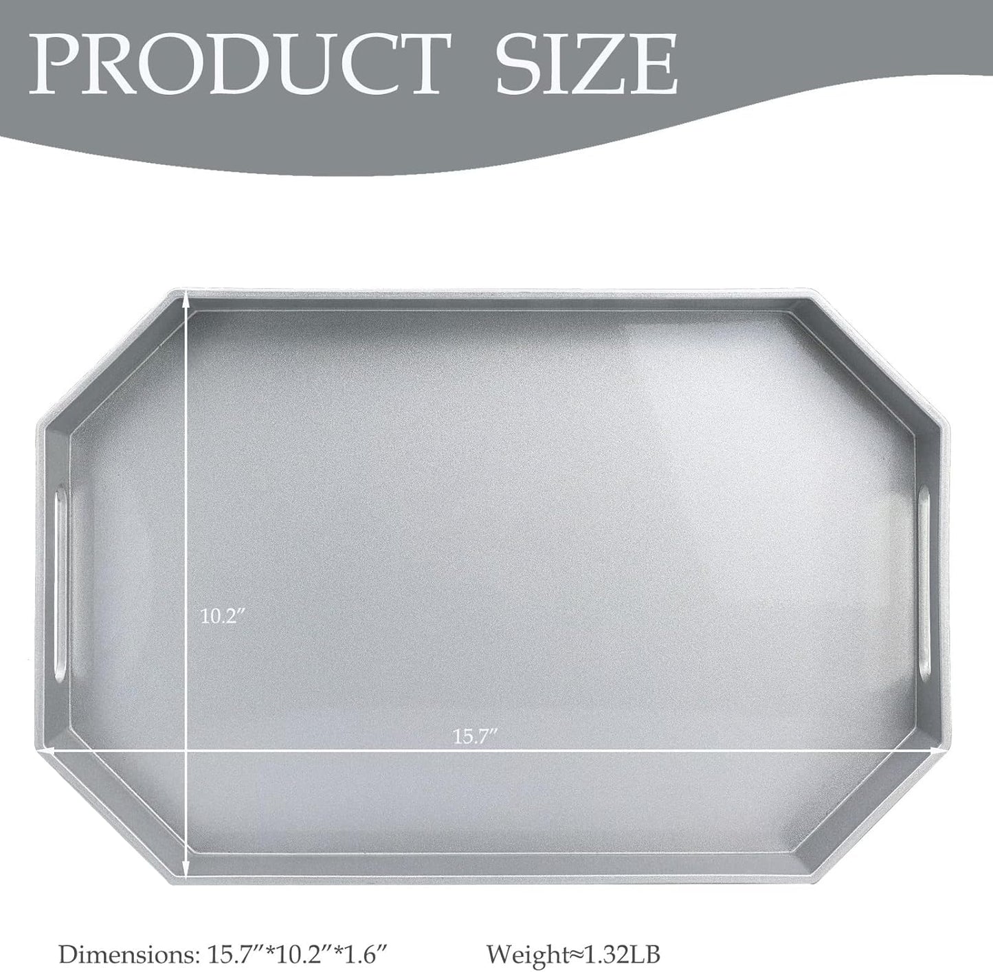 Spsyrine Silver Plastic Serving Tray for Ottoman, Coffee Table, Octagon Decorative Tray for Entertaining, Outdoor, Living Room, Home Decor