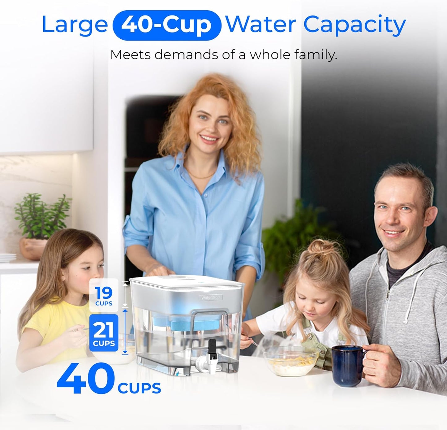 Waterdrop Alkaline 40 Cup Dual Filter Dispenser, 8X Faster Filtration, 200-Gallon Lifespan, Water Filter Dispenser for Home/Office, 2 Replacements, Reduces Chlorine, White