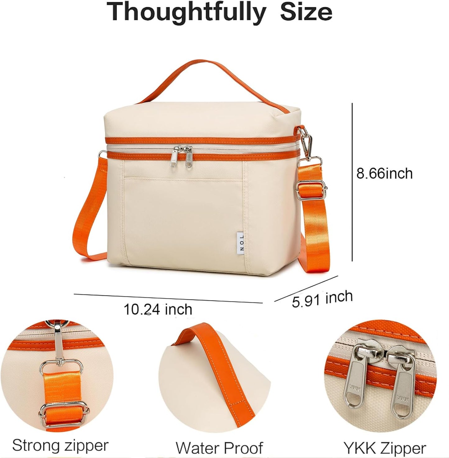 NOL Insulated Lunch Bags for Women Cooler Bag Lightweight Nylon Waterproof Lunch Box For Work (Medium(normal), Cream/orange)