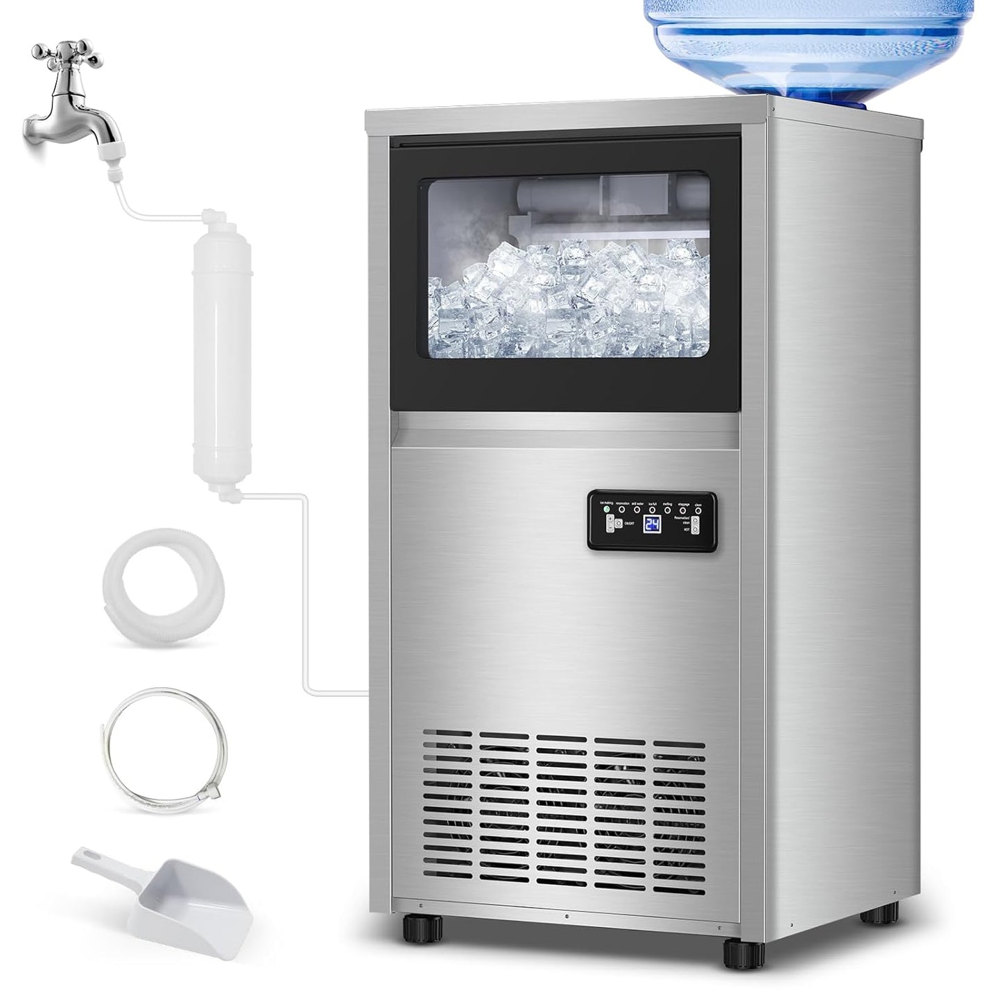 Ice Machine Commercial Ice Maker Machine, 150 Lbs /24H, 30 lbs Bin, Under Counter Built-in or Freestanding, Stainless Steel Household Use, Restaurant Bar Kitchen Cafe